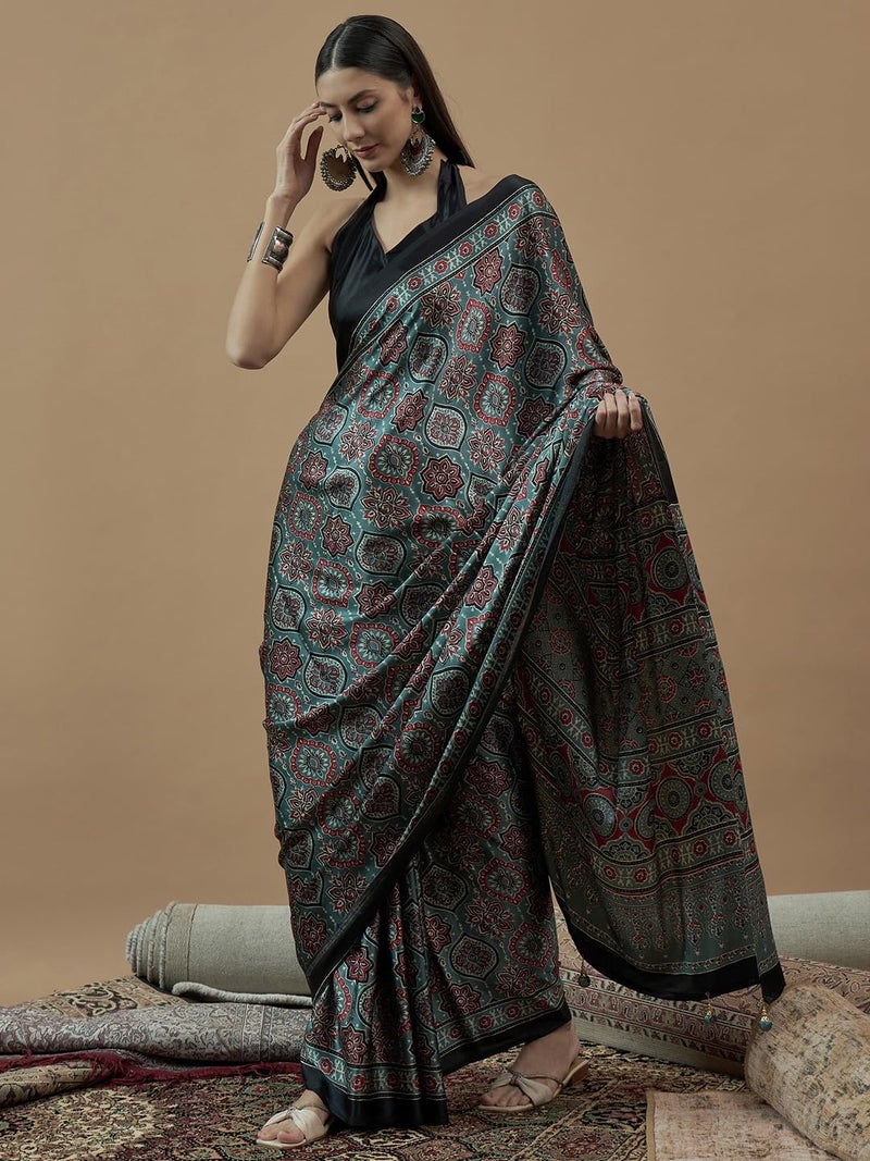 saree mall ساري مول ساري كريب نقي باللون الأخضر البحري للنساء مع بلوزة غير مخيطة (MOHAR709_HS) - Image 5