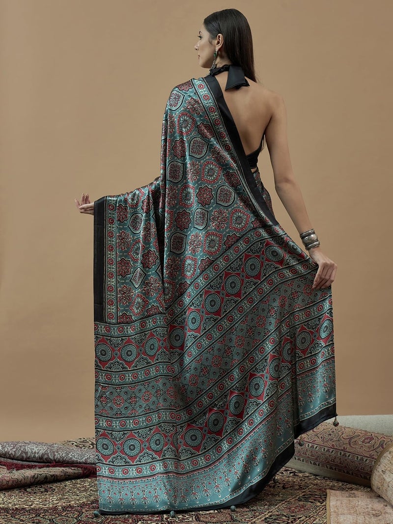 saree mall ساري مول ساري كريب نقي باللون الأخضر البحري للنساء مع بلوزة غير مخيطة (MOHAR709_HS) - Image 2