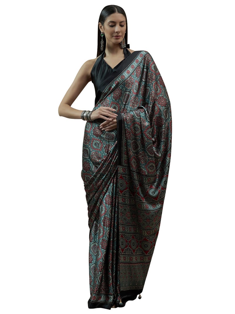 saree mall ساري مول ساري كريب نقي باللون الأخضر البحري للنساء مع بلوزة غير مخيطة (MOHAR709_HS) - Image 1