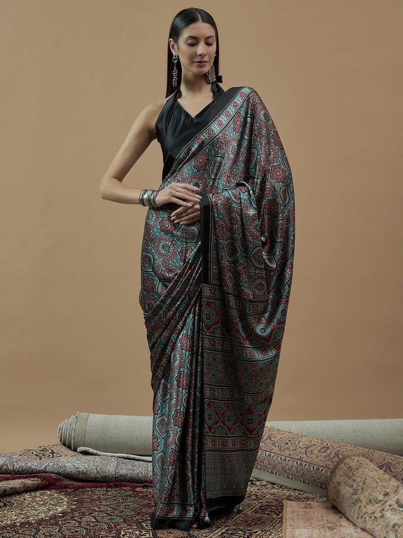 saree mall ساري مول ساري كريب نقي باللون الأخضر البحري للنساء مع بلوزة غير مخيطة (MOHAR709_HS) - Image 3