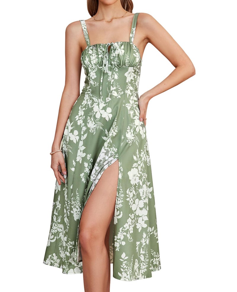 GLNEGE Floral Midi Corset Dress Wedding Guest Flowy Slit Lace Up Dresses for Women Tea Party A Line Casual Sundress - Image 1