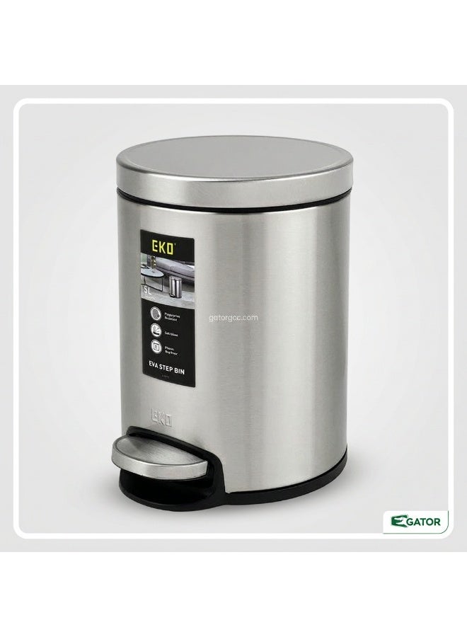 EKO Eva Step Bin | Fingerprint-Resistant Brushed Stainless Steel | Soft-Close Lid | Plastic Bag Fixer | Hands-Free Foot Pedal | Compact Odor-Sealing Waste Bin for Bathroom, Vanity & Bedroom | 5L | Brushed Silver - Image 2