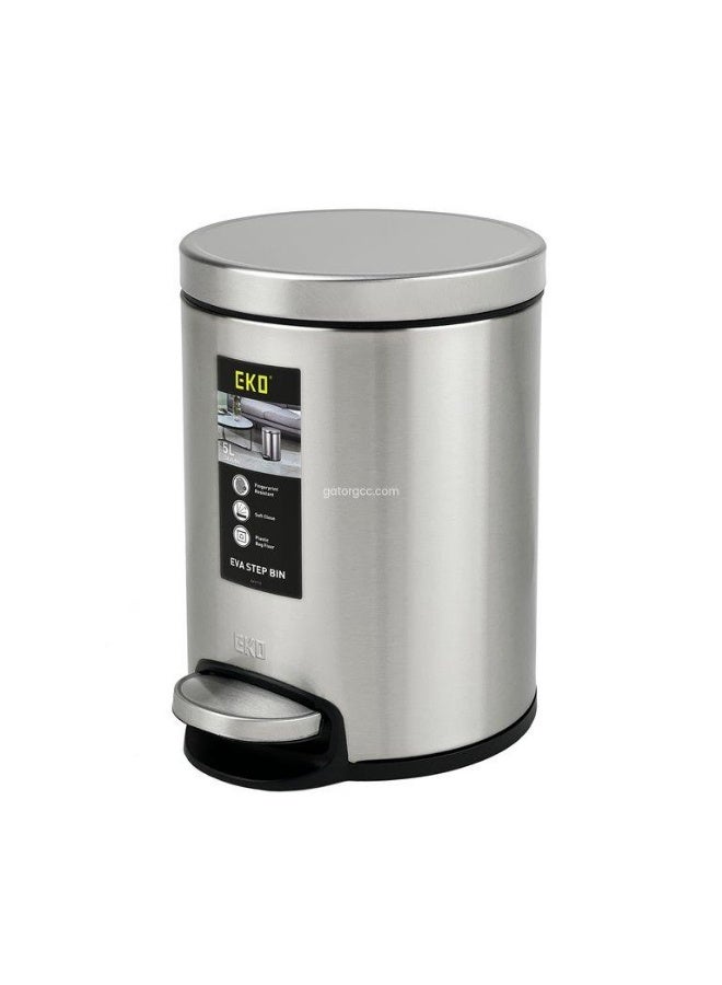 EKO Eva Step Bin | Fingerprint-Resistant Brushed Stainless Steel | Soft-Close Lid | Plastic Bag Fixer | Hands-Free Foot Pedal | Compact Odor-Sealing Waste Bin for Bathroom, Vanity & Bedroom | 5L | Brushed Silver - Image 1