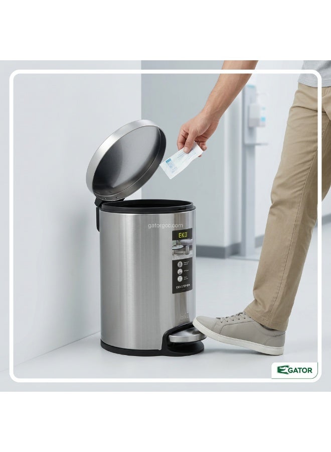 EKO Eva Step Bin | Fingerprint-Resistant Brushed Stainless Steel | Soft-Close Lid | Plastic Bag Fixer | Hands-Free Foot Pedal | Compact Odor-Sealing Waste Bin for Bathroom, Vanity & Bedroom | 5L | Brushed Silver - Image 4