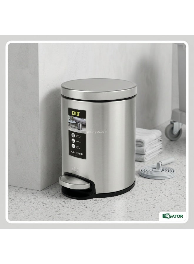 EKO Eva Step Bin | Fingerprint-Resistant Brushed Stainless Steel | Soft-Close Lid | Plastic Bag Fixer | Hands-Free Foot Pedal | Compact Odor-Sealing Waste Bin for Bathroom, Vanity & Bedroom | 5L | Brushed Silver - Image 5