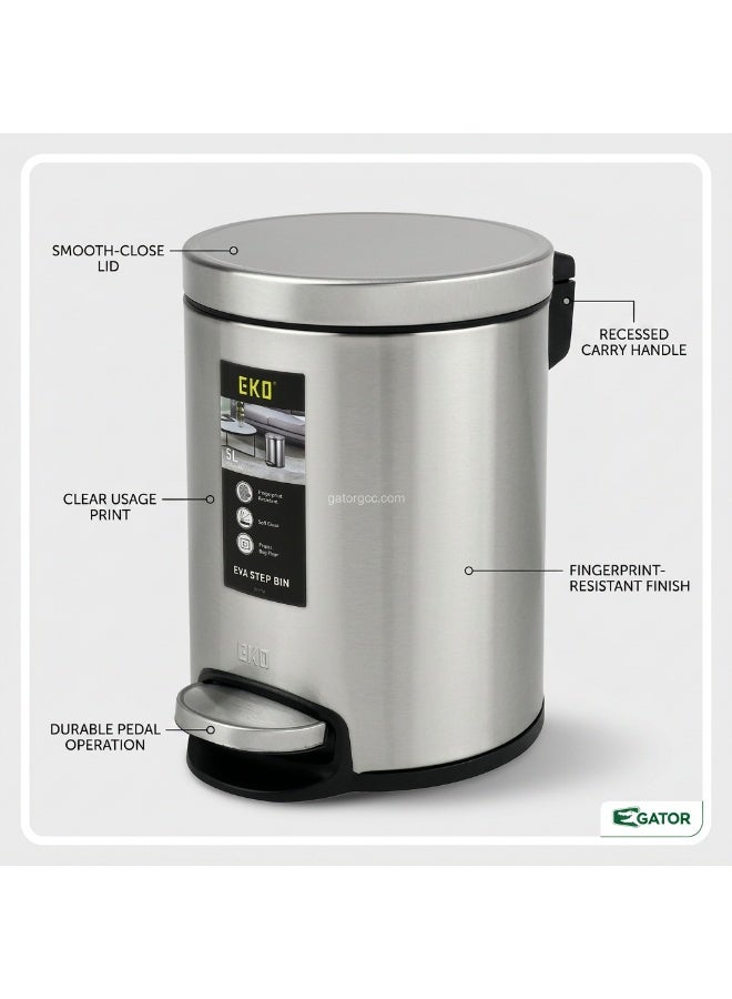 EKO Eva Step Bin | Fingerprint-Resistant Brushed Stainless Steel | Soft-Close Lid | Plastic Bag Fixer | Hands-Free Foot Pedal | Compact Odor-Sealing Waste Bin for Bathroom, Vanity & Bedroom | 5L | Brushed Silver - Image 3