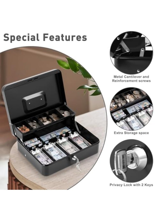 Locking Cash/Money Saving Organizer Box with Lock Safe with Key and Cash Tray, Black - Image 5