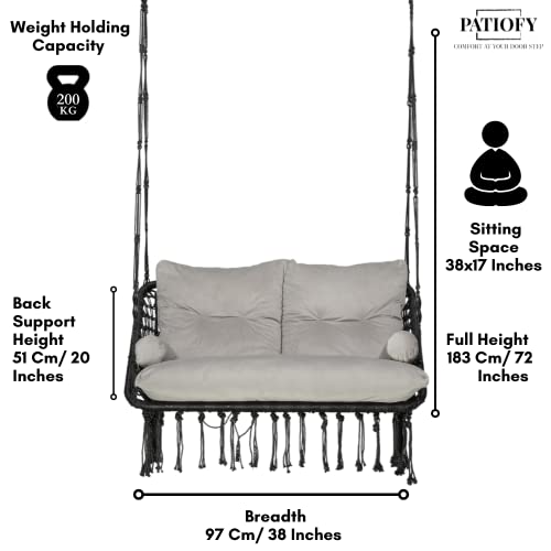 Patiofy Premium Black Double Seater Hanging Swing/ 2 Seater Swing for Balcony/Double Seater Swing Chair/Swing for Adults for Home for 2 People/Jhula with Grey Full Body Sitting Cushion & Hanging Kit - Image 4