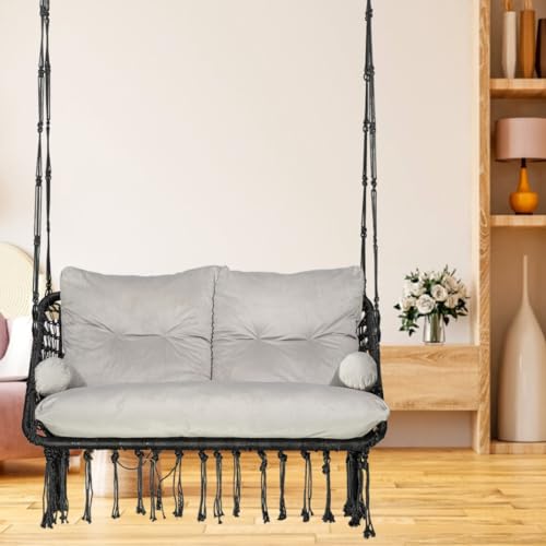 Patiofy Premium Black Double Seater Hanging Swing/ 2 Seater Swing for Balcony/Double Seater Swing Chair/Swing for Adults for Home for 2 People/Jhula with Grey Full Body Sitting Cushion & Hanging Kit - Image 1