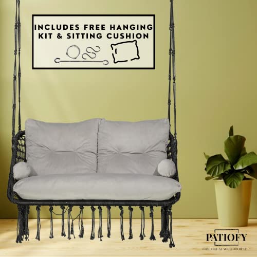 Patiofy Premium Black Double Seater Hanging Swing/ 2 Seater Swing for Balcony/Double Seater Swing Chair/Swing for Adults for Home for 2 People/Jhula with Grey Full Body Sitting Cushion & Hanging Kit - Image 3