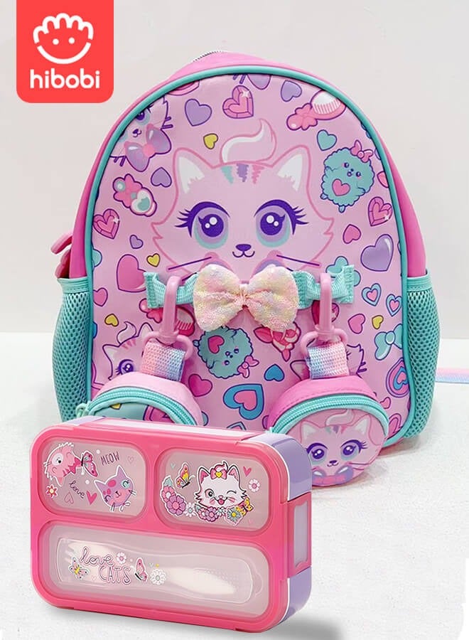 hibobi 3PCS Cat Backpack Set for Girls – Includes Lunch Bag & Coin Pouch – Ergonomic & Lightweight, Waterproof & Durable – Perfect for Girls Aged 3–6 – Back-to-School Gift - Image 1