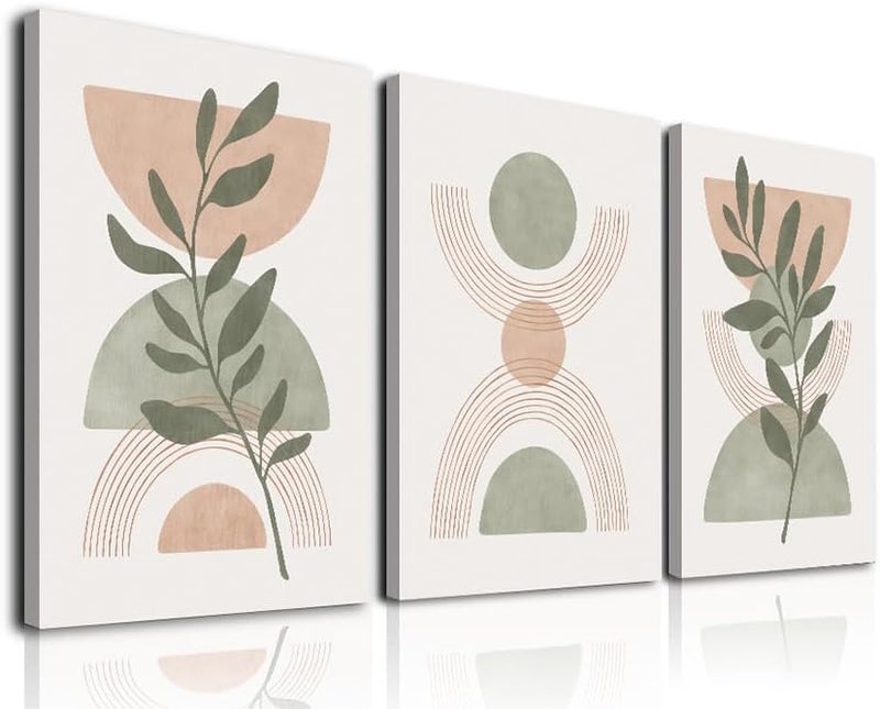 KBKBART Boho Wall Art Set of 3, Mid-Century Modern Prints, Abstract Geometric Boho Wall Decor Palm Leaf Sage Green and Blush Pink Canvas Artwork, Minimalist Boho Poster for Nursery Bedroom Living Room