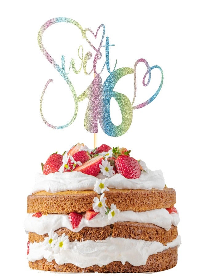 Sotpot 1 pcs Rainbow Glitter Sweet 16 Cake Topper, Happy 16th Birthday Party Supplies, Sweet Sixteen Theme Party Decorations, Sweet 16 Birthday Cake Party Supplies Colour - Image 1