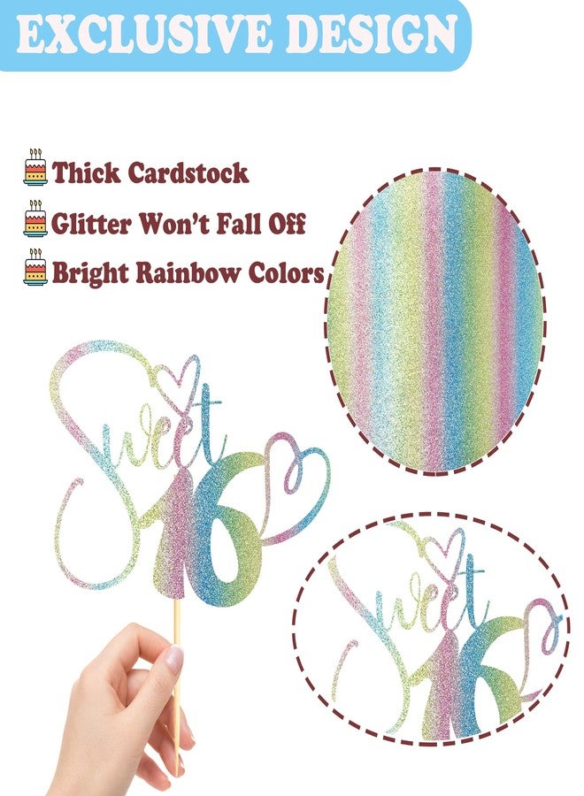 Sotpot 1 pcs Rainbow Glitter Sweet 16 Cake Topper, Happy 16th Birthday Party Supplies, Sweet Sixteen Theme Party Decorations, Sweet 16 Birthday Cake Party Supplies Colour - Image 3