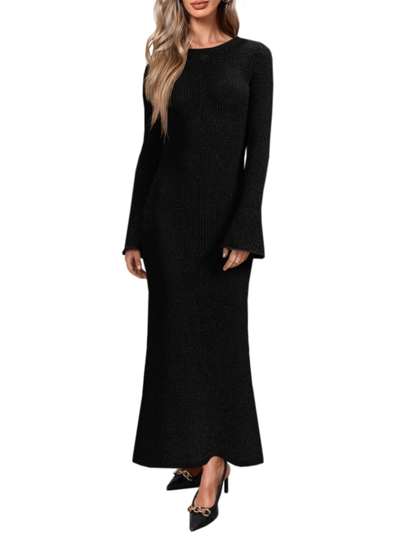 Yousify Womenâ€™s Knit Maxi Dress Long Sleeve Crewneck Slim Fit Casual Work Spring Dress Black - Image 1