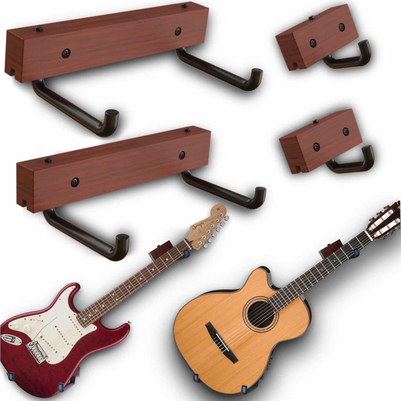 RawRock Horizontal Guitar Hanger [2 Pack] - Angle Tilt Display Ukulele, Bass, Electric Guitar, Banjo Slanted on Wood (2X Mahogany) - Image 1