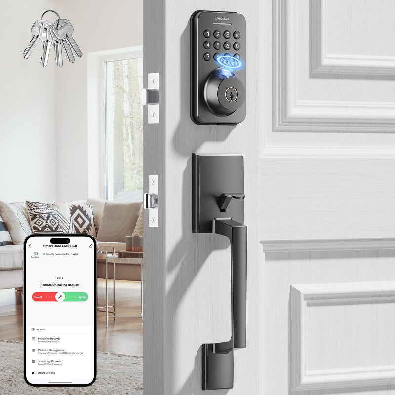 Ulecoce Fingerprint Keypad Deadbolt with Handle Set, Keyless Entry Door Lock, Door Locks for Front Door Lock Set, App Control, Auto Locking, Easy to Install, Matte Black - Image 1