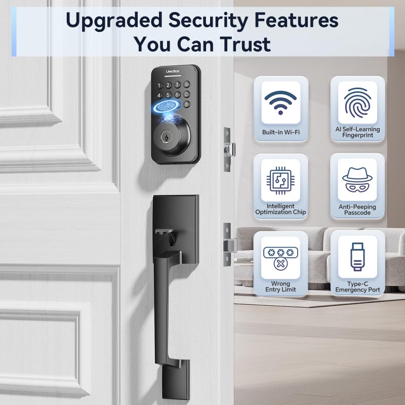 Ulecoce Fingerprint Keypad Deadbolt with Handle Set, Keyless Entry Door Lock, Door Locks for Front Door Lock Set, App Control, Auto Locking, Easy to Install, Matte Black - Image 4