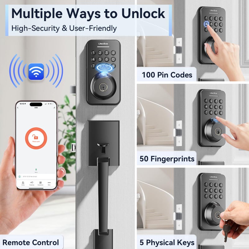 Ulecoce Fingerprint Keypad Deadbolt with Handle Set, Keyless Entry Door Lock, Door Locks for Front Door Lock Set, App Control, Auto Locking, Easy to Install, Matte Black - Image 2