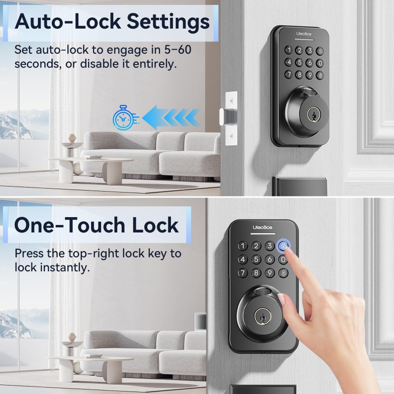 Ulecoce Fingerprint Keypad Deadbolt with Handle Set, Keyless Entry Door Lock, Door Locks for Front Door Lock Set, App Control, Auto Locking, Easy to Install, Matte Black - Image 5
