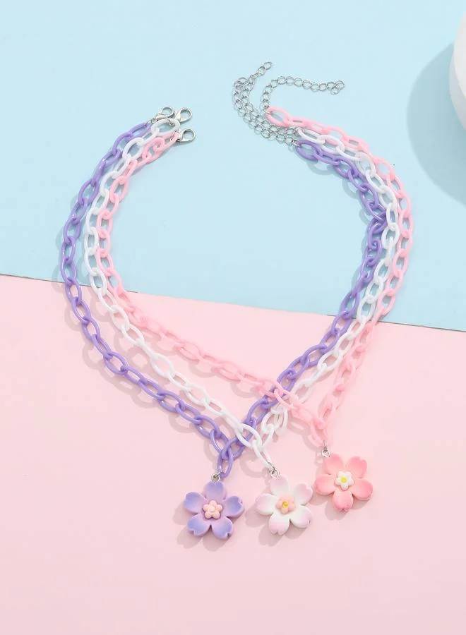Pack of 3 - Girls Multi-Color Flower Pendant Chain Necklaces