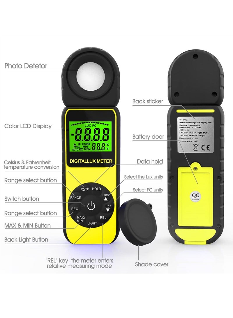 Handheld Digital Illuminance Light Meter, Measure Range Up to 400,000Lux (0.01~40,000 FC), 270º Rotated Sensor, Backlight, for Foot Candles, Plants, LED Lights - Image 2