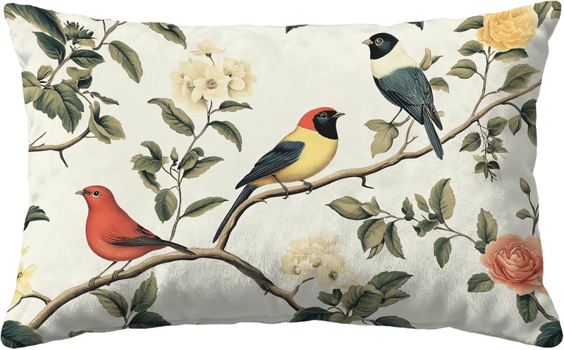 Identiy Birds and Flowers Throw Pillow Cover 12x20 Inch Pack of 1, Vintage Colorful Floral Bird Decorative Pillow Case, Lumar Cushion Pillow Cover for Home Sofa Couch Indoor Outdoor - Image 1