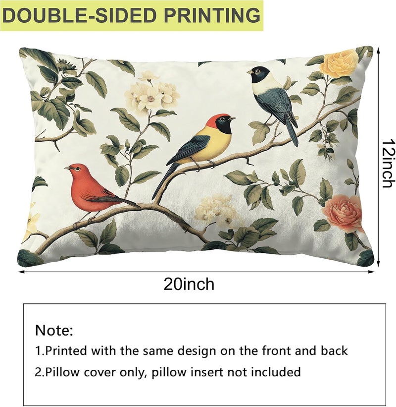 Identiy Birds and Flowers Throw Pillow Cover 12x20 Inch Pack of 1, Vintage Colorful Floral Bird Decorative Pillow Case, Lumar Cushion Pillow Cover for Home Sofa Couch Indoor Outdoor - Image 2