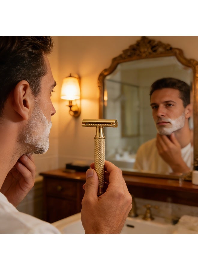 Men's Razor Double Blade Safety Razor with Zinc Alloy Handle, Anti-Slip Grip Design, Includes 10 Extra Blades -Gold Base Set - Image 4