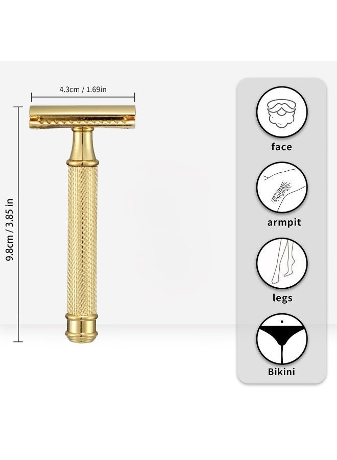Men's Razor Double Blade Safety Razor with Zinc Alloy Handle, Anti-Slip Grip Design, Includes 10 Extra Blades -Gold Base Set - Image 2