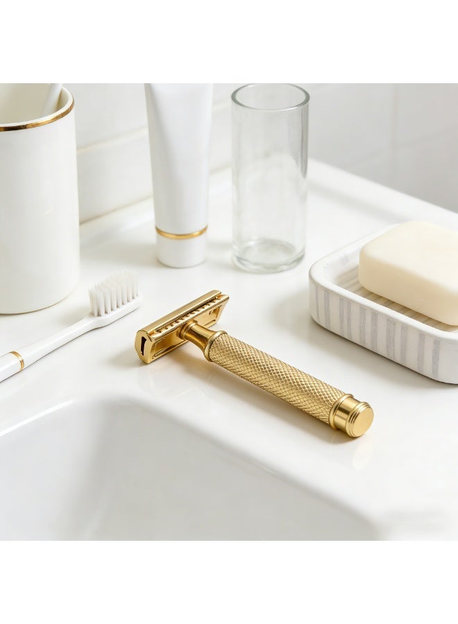 Men's Razor Double Blade Safety Razor with Zinc Alloy Handle, Anti-Slip Grip Design, Includes 10 Extra Blades -Gold Base Set - Image 5