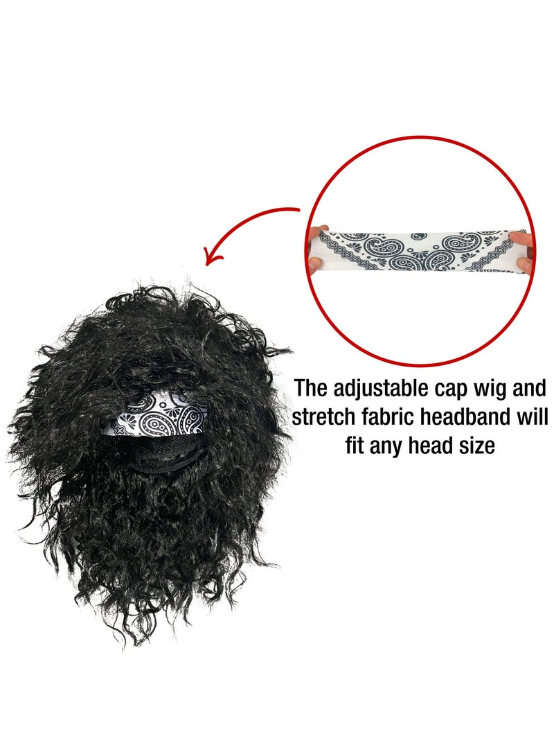 Excefore 80s Hair Metal Rocker Costume Set, Glam Rock Band Black Curly Wig with Paisley Print Stretch Fabric Headband, Color Sleeve, and Biker Glove - One Size Fits All (Black) - Image 3