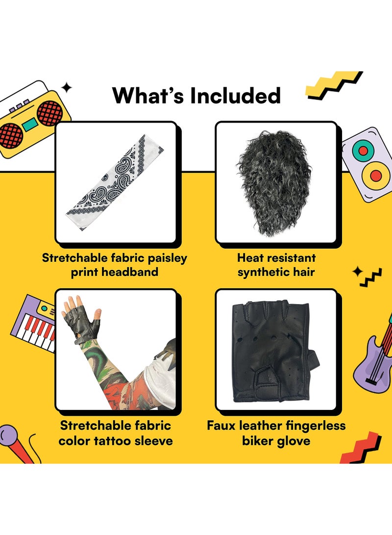 Excefore 80s Hair Metal Rocker Costume Set, Glam Rock Band Black Curly Wig with Paisley Print Stretch Fabric Headband, Color Sleeve, and Biker Glove - One Size Fits All (Black) - Image 2