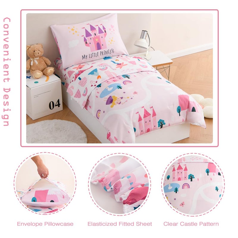 PERFEMET 4 Pieces Girls Toddler Bedding Set Pink Castle Fairy Tales Toddler Comforter Set Reversible Colorful Rainbow Princess Printed Toddler Bed Set with Sheets(Pink, Castle) - Image 5