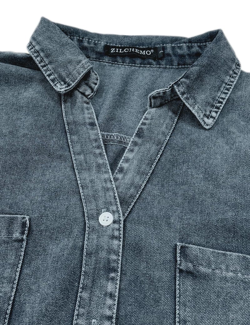 Zilcremo Women Denim Shirt Dresses Long Sleeve Distressed Jean Dress Button Down Casual Tunic Top Washedblue XL - Image 4