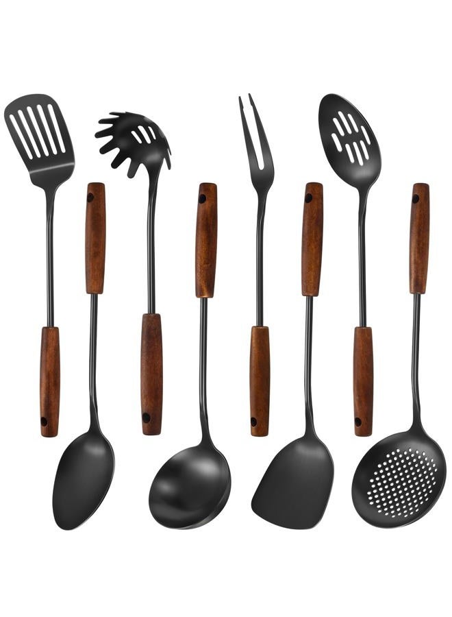 Lazycorner 304 Stainless Steel Kitchen Utensils Set, 8 Pcs Long Cooking Utensils Set with Wooden Handle, Large Heat Resistant Kitchen Tools(Black, Dishwasher Safe) - Image 1