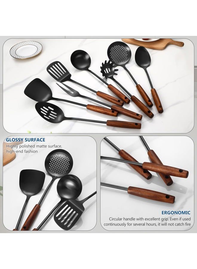 Lazycorner 304 Stainless Steel Kitchen Utensils Set, 8 Pcs Long Cooking Utensils Set with Wooden Handle, Large Heat Resistant Kitchen Tools(Black, Dishwasher Safe) - Image 2