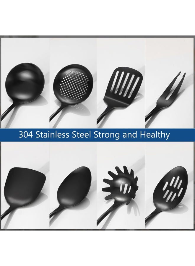 Lazycorner 304 Stainless Steel Kitchen Utensils Set, 8 Pcs Long Cooking Utensils Set with Wooden Handle, Large Heat Resistant Kitchen Tools(Black, Dishwasher Safe) - Image 4