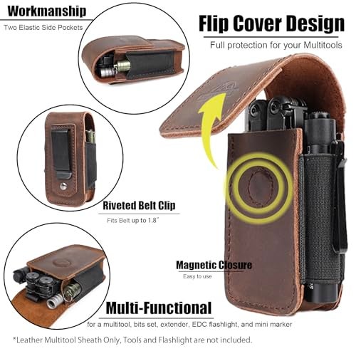 Topstache Leather Multitool Sheath - Belt Clip Multitool Holster for Leatherman - Leather Tool Pouch - Multi Tool Case Sheath for Belt - Magnetic Closure Pocket EDC Organizer, M,DarkBrown - Image 4