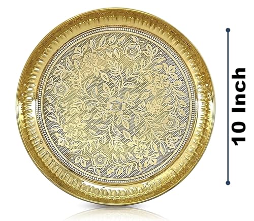 BENGALEN Brass Pooja Thali 10 inch Traditional Handcrafted Puja Plate for Temple Worship Decorative Plate for Home Office Wedding Return Gift items - Image 3