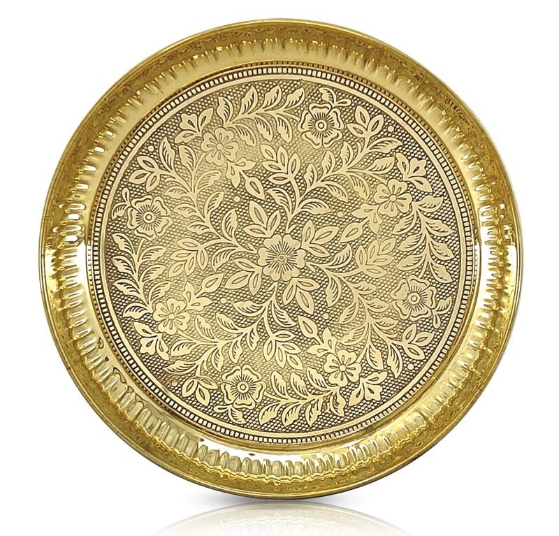 BENGALEN Brass Pooja Thali 10 inch Traditional Handcrafted Puja Plate for Temple Worship Decorative Plate for Home Office Wedding Return Gift items - Image 2