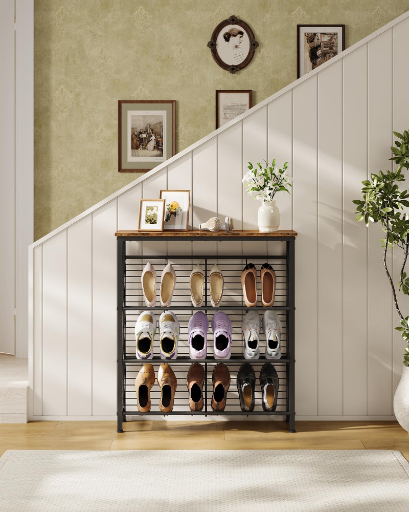 CHOEZON Shoe Rack, 4-Tier Narrow Shoe Storage Shelf, Slim Shoe Rack with Wooden Top and Metal Shelves, Slanted Shoe Organizer, Industrial Style, for Entryway, Hallway, Rustic Brown and Black TXJ76BF - Image 4