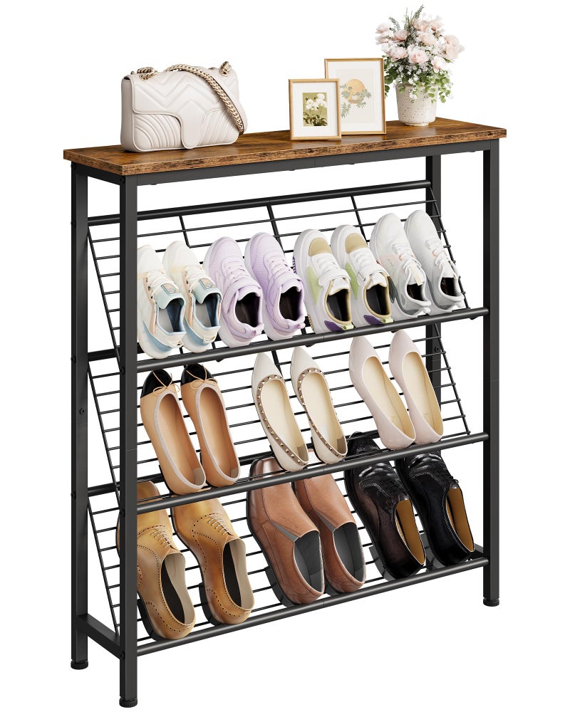 CHOEZON Shoe Rack, 4-Tier Narrow Shoe Storage Shelf, Slim Shoe Rack with Wooden Top and Metal Shelves, Slanted Shoe Organizer, Industrial Style, for Entryway, Hallway, Rustic Brown and Black TXJ76BF - Image 1