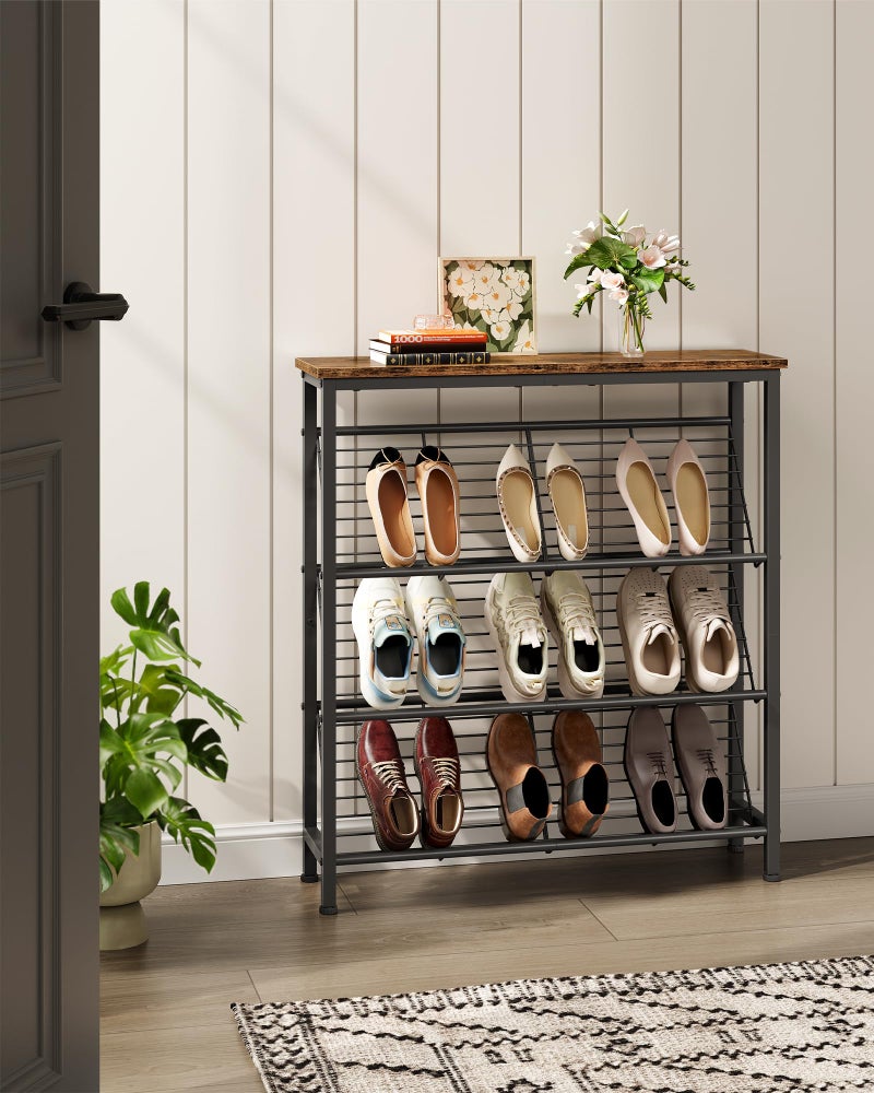 CHOEZON Shoe Rack, 4-Tier Narrow Shoe Storage Shelf, Slim Shoe Rack with Wooden Top and Metal Shelves, Slanted Shoe Organizer, Industrial Style, for Entryway, Hallway, Rustic Brown and Black TXJ76BF - Image 2