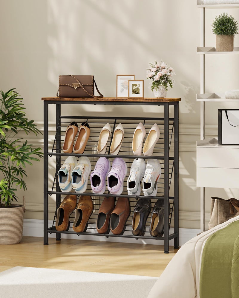 CHOEZON Shoe Rack, 4-Tier Narrow Shoe Storage Shelf, Slim Shoe Rack with Wooden Top and Metal Shelves, Slanted Shoe Organizer, Industrial Style, for Entryway, Hallway, Rustic Brown and Black TXJ76BF - Image 3