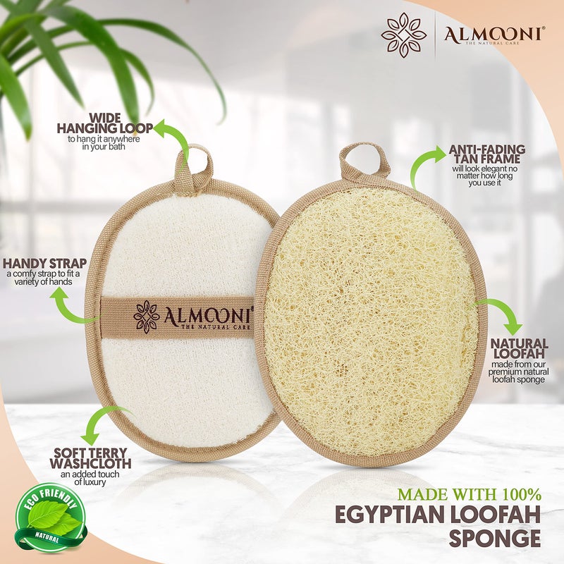 Almooni Natural Loofah Exfoliating Body Scrubber, Made with Natural Egyptian Shower Loofah Sponge, Bath Shower Loofah Sponge for Women and Men, for Face and Body That Gets You Clean - 2 Count (1 Pack) - Image 2
