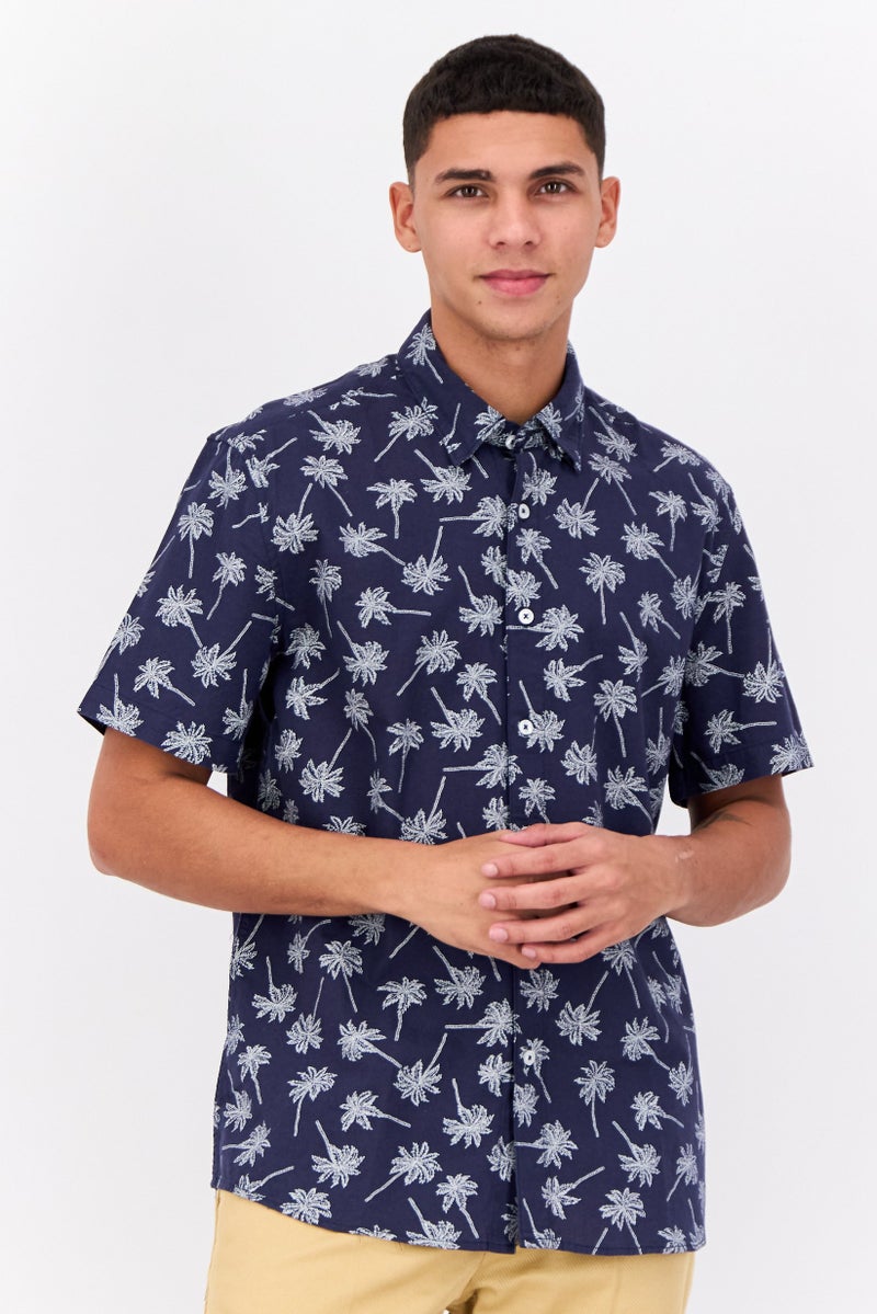 Peter Werth Men Regular Fit Short Sleeve All Over Printed Casual Shirt, Navy - Image 1