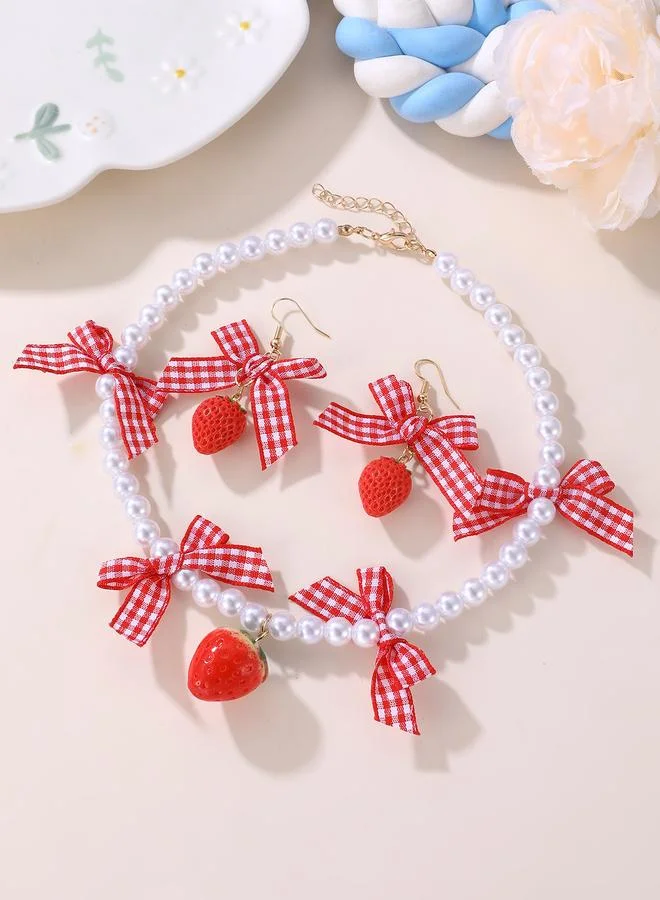 Take Two Girls Strawberry and Pearl Necklace and Earrings Set