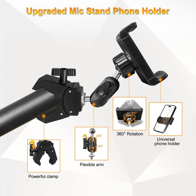 Khazylorr Phone Holder for Mic Stand, Treadmill, Spin Bike, Stroller, Adjustable Clamp on Phone Holder for Microphone Stand, Desk Pipe Pole Clamp Phone Mount Stands for iPhone Samsung All Smartphones (Standard) - Image 2
