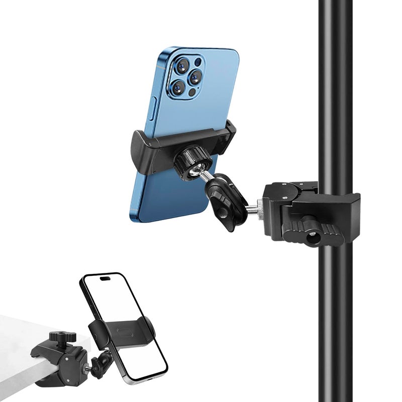 Khazylorr Phone Holder for Mic Stand, Treadmill, Spin Bike, Stroller, Adjustable Clamp on Phone Holder for Microphone Stand, Desk Pipe Pole Clamp Phone Mount Stands for iPhone Samsung All Smartphones (Standard) - Image 1